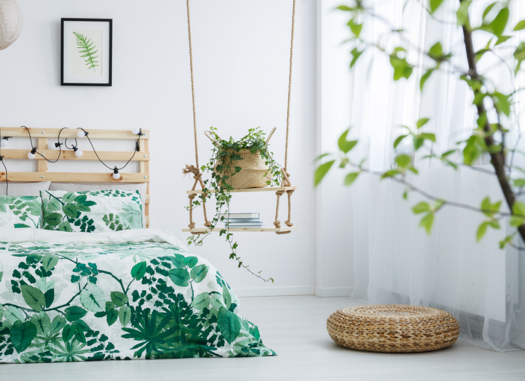 Bright bedroom with leaves motif