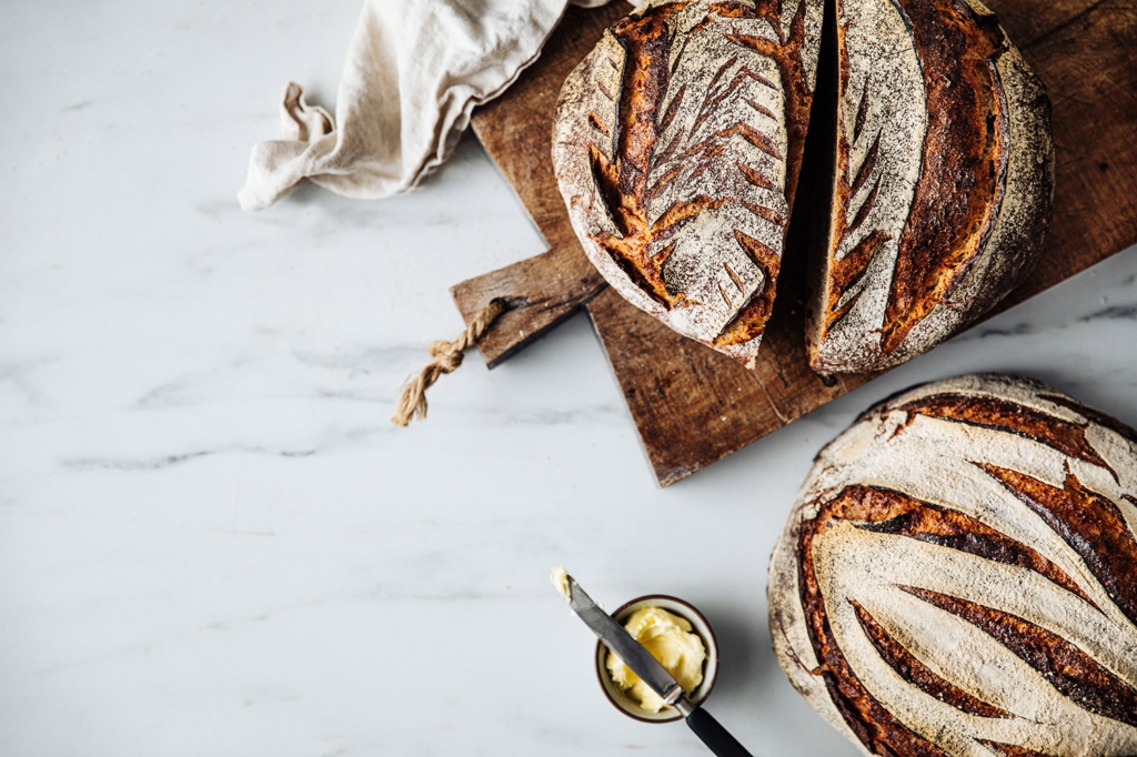 sourdough bread baked on marble worktop during lockdown