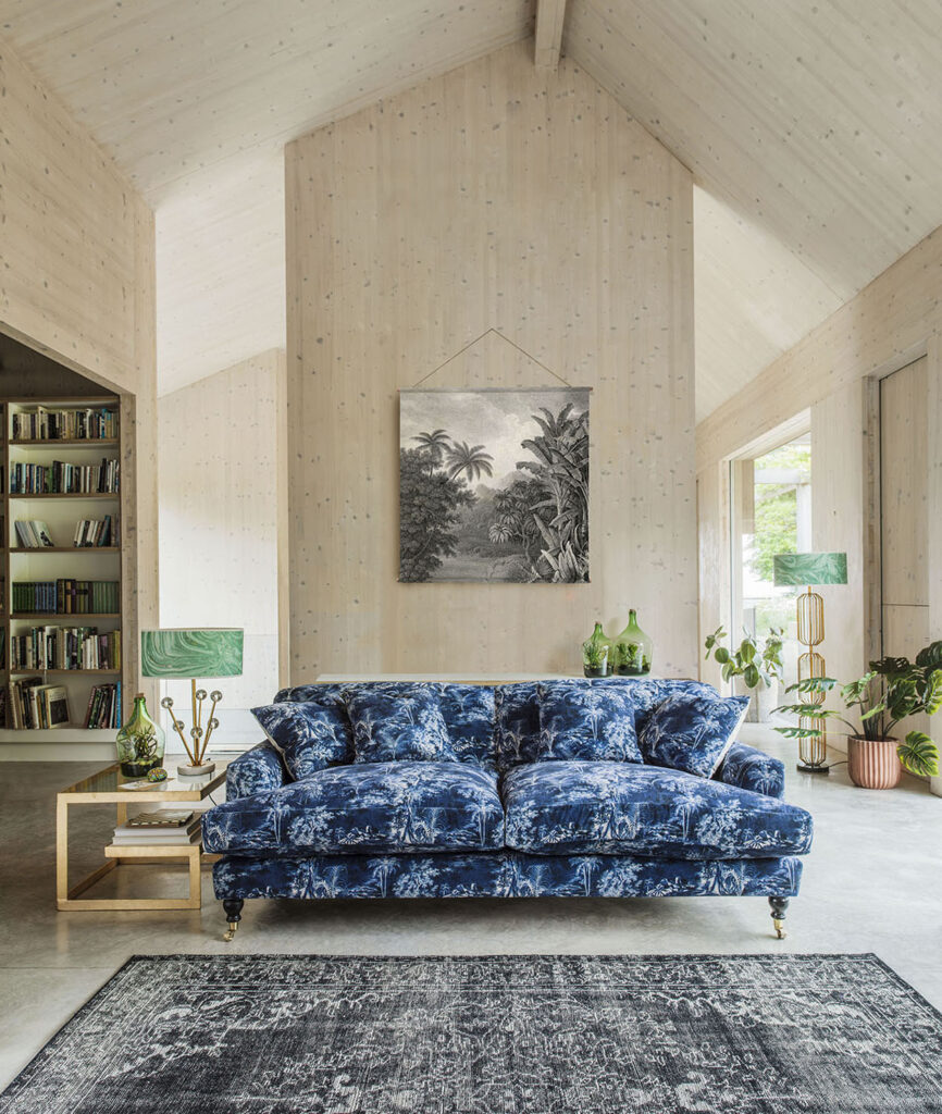 Patterned Clio sofa in Indigo Palm velvet from Graham and Green from £2,865