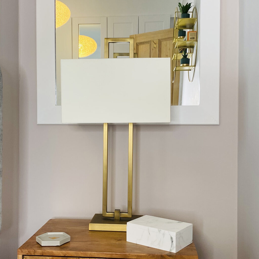 Athena table lamp from Sweetpea & Willow on bedside cabinet from Atkin & Thyme bedroom makeover ideas