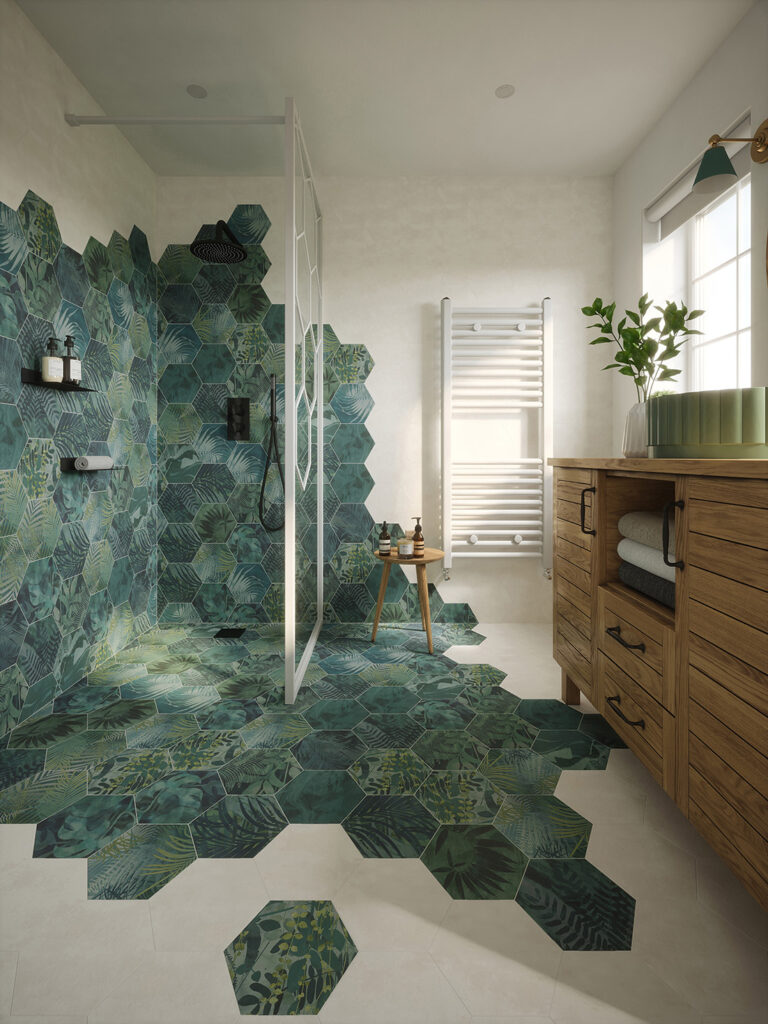 Ca' Pietra Clarissa Hulse Porcelain Jungle Hex patterned floor tiles and wall tiles