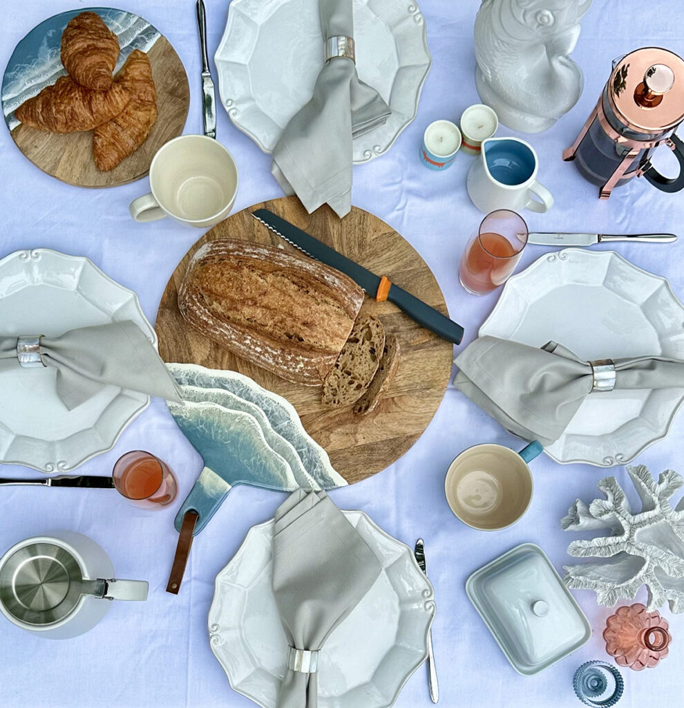 Flatlay breakfast setting for al fresco dining in Style & dwecor blogger Sarah's garden