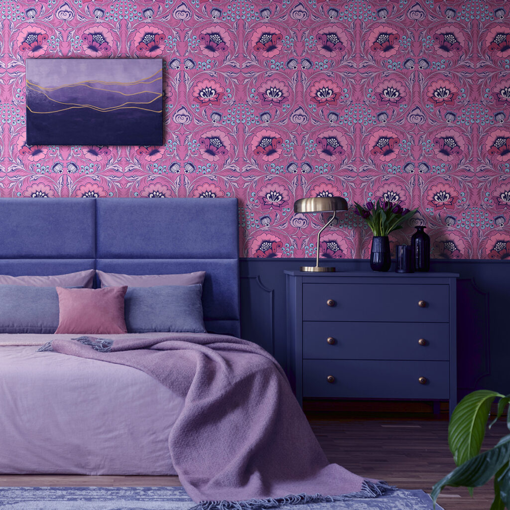 Wallpaper patterned with Alice Tea Rose by Olenka Design