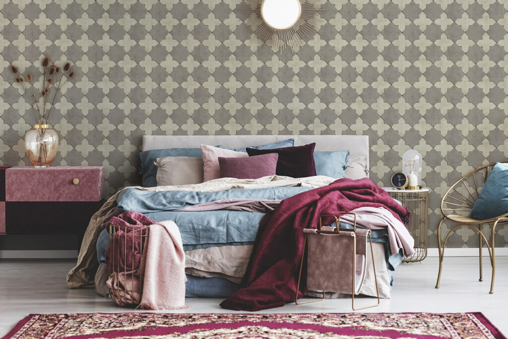 Beautiful Walls adds depth to this bedroom with the New Walls Mosaic collection