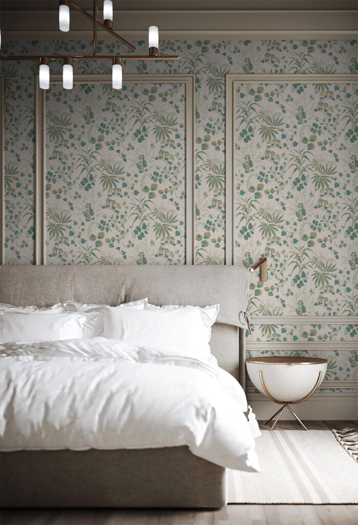 Deus ex Gardenia wallpaper patterned for a delicate design in a master bedroom